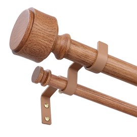 Wolistsa Wood Double Curtain Rods for Windows 36 to 72 Inch, Adjustable Decorative 1" Boho Heavy Duty Dual Curtain Rod, Vintage Farmhouse Double Drapery Pole with Modern Faux Wood Grain Finials