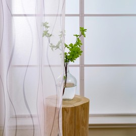 L.Z.E Grey and White Sheer Curtains for Living Room 58 Drop Pencil Pleat Light Gray Wave Pattern Curtains for Bedroom Kitchen Bay Windows 145 cm Short Transparent Linen Look Window Sheers 2 Panels Set