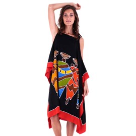 SHU-SHI - Ladies Poncho Style Kaftan Dress - Cutouts at Shoulders - Short - Wear Over Swimwear - Hand Painted Tribal Design - Plus Size, Family Black