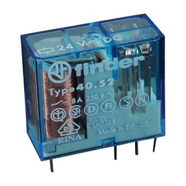 FINDER 40.52.9.024.0000 24 VDC Coil, 250 VAC, 40 Series, 8 AMP, 900 OHM, DPDT Contact, Power Relay, Through Hole MOUNTING