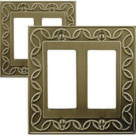 OKAWYC Double Decorator Light Switch Cover Plate, 2-Pack Antique Brass NovaBloom Metal Wall Plate 2 Gang Single Rocker, Receptacle Dimmer Switch GFCI Outlet Wallplate, Durable