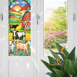 Decorative Farm Animals Stained Glass Window Film, Farm Animals Stained Glass Window Film for Bathroom Door Heat Anti UV RA02