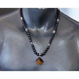 ElisaJewelryArt - Natural Tiger Eye Pyramid Pendant Black Lava Stone Beaded Necklace Genuine Gemstone Power Stone Clasp Closure Necklace Unisex Necklace (22, Tiger Eye)
