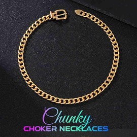 Fashband Gold Belt Buckle Choker Necklace Punk Cuban Chunky Choker Necklaces Thick Chain Long Necklace for Women, Unit size, Pearl, No Gemstone