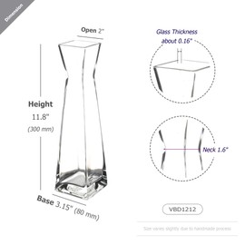 WGV Gathering Bud Vase Bulk, Width 3", Height 12", Clear Tall Square Block Concaved Glass Floral Container Centerpiece Planter for Wedding Party Event Home Office Decor, 12 Pieces