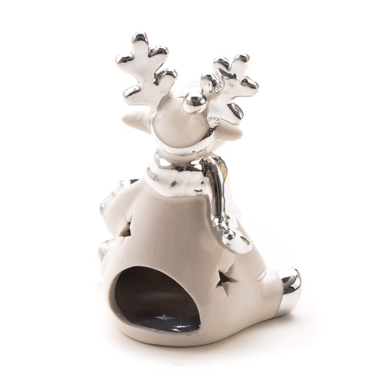 DARO DEKO Ceramic reindeer tea light holder, silver-white, 11 x