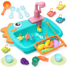 Kitchen Sink Toy Set with Fishing Game, Hot Water Tap, Colour Changing Tableware, Play Cooker, Cookware Pot and Pan, Play Food, Colour Changing Tableware Accessories for Boys Girls Toddlers