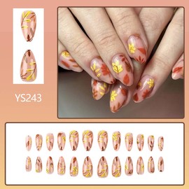 Fall Maples Press on Nails Medium Almond Fake Nails Pink False Nail Press ons with Autumn Leaves Design,Reusable Artificial Nail Full Cover Glossy Glue on Nail Stick on Nails for Women Manicure 24Pcs