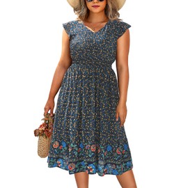 Women Plus Size Summer Bohemian Floral Casual Midi Rayon Boho Dress 2024 V Neck Pockets Ruffle Sleeves Flowy Sundresses