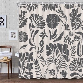 Black Vintage Floral Boho Shower Curtain for Bathroom Decor - 70 x 70 in Mid Century Modern Farmhouse Country Rustic Flower Aesthetic Groovy Plants Botanical Bath Shower Curtains Set with Hooks