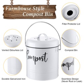 DAYYET Compost Bin Kitchen, 1.3 Gallon Farmhouse Kitchen Compost Bin Countertop, Indoor Countertop Compost Bucket with Lid and Charcoal Filters, White