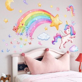 Rainbow Unicorn Wall Stickers Butterfly Clouds Stars Nursery Wall Decals Peel and Stick Wall Art for Girls Bedroom Living Room Baby Nursery Kids Room Wall Decor
