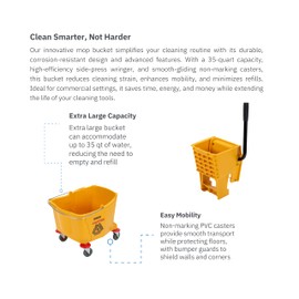 Carlisle FoodService Products 35-Quart Commercial Mop Bucket with Side-Press Wringer, Integrated Pour Spout, and Smooth Rolling Casters for Commercial Cleaning, Durable Polypropylene, Yellow