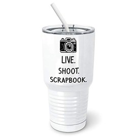 PixiDoodle Scrapbooking Photographer's Tumbler with Spill-Resistant Slider Lid and Silicone Straw (30 oz Tumbler, White)