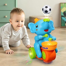 Musical Walking Elephant Drummer Toy Blowing Ball Elephant Toys with Music Lights and Sounds Crawling Toys:_Blue