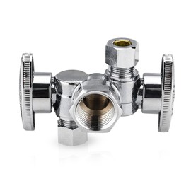EFIELD 1/4 Turn Dual Compression Outlet Angle Stop Valve with 2 Shut Off Valve/Handles, 1/2" Fip Iron Pipe Inlet X (3/8 inch x 3/8 inch),Chrome Plated,(VALVE140)
