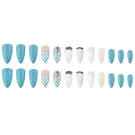 FORBELOVED NAILS,Blue Mermaid Tails Press On Nails,Medium Almond Stick On Nails,Shiny Gems,White Shells Design False Nails For Women And Girls,12 Sizes-24Pcs with Glue,(Blue-MA),FOB