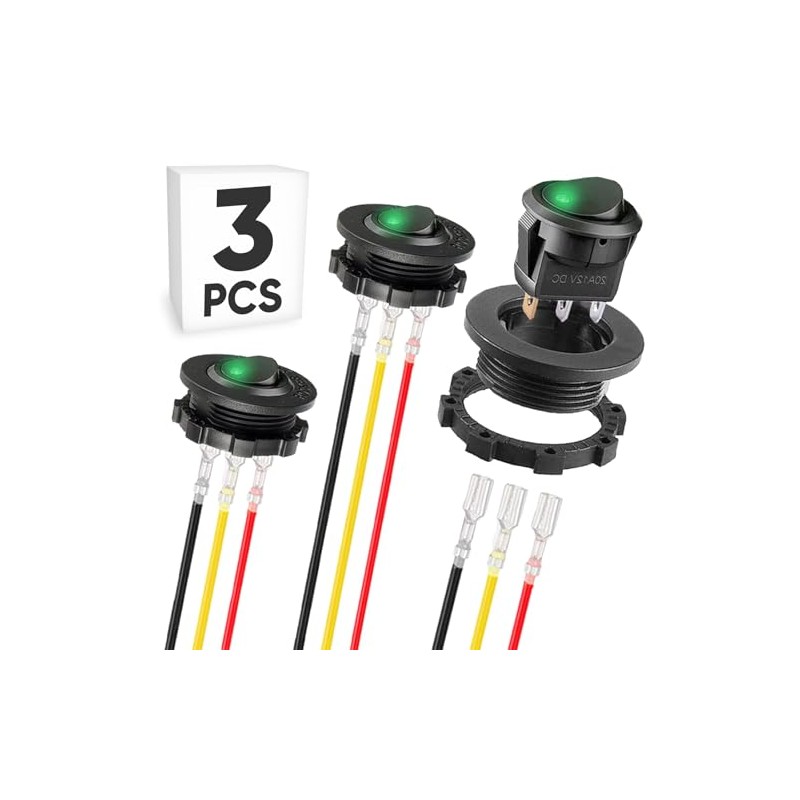 3-Pack Round Rocker Switch with Shell LED Light SPST ON