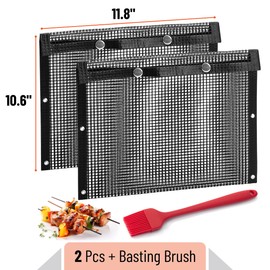 UNCO BBQ Grilling Bags, 2 Pack, 11.8"x10.6", Mesh Grill Bags with Basting Brush, Easy to Clean, Reusable Mesh Barbecue Pouch
