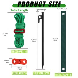 16 PCS Tree Stake Kits, 11.8 Inch Tree Stakes Supports Heavy Duty Leaning Young Tree Metal Staking for Straightening Tree Straps 13.12 Ft Ground Anchor Tree Rope Against Strong Wind Bad Weather Green