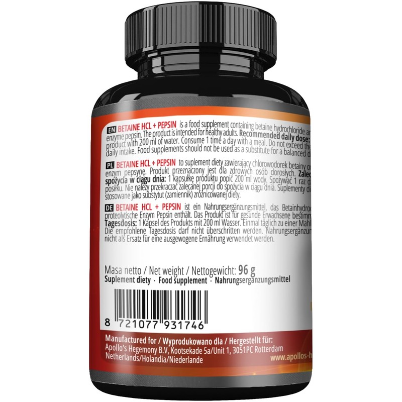 Betain HCl 500 mg + Pepsin - 120 Vegane Kapseln