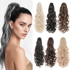 Benehair Claw Clip in Ponytail Hair Extensions 24 Inches Long Curly Wavy Ponytail Extensions Synthetic Drawstring Ponytail Grey to Beige Hair Pieces for Women(Grey to Beige, 210g)