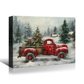Christmas Themed Canvas Red Truck with Christmas Tree in Snow, Ideal Holiday Decor Perfect for Home Hanging Printing Decorationcolor: Brown, size: 16*12in
