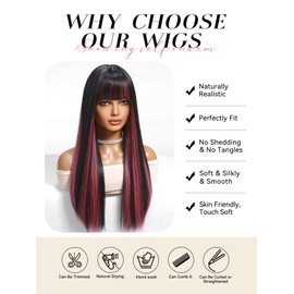 Veally Black with Pink Wigs for Women, 24 Inch Black Pink Wig with Bangs Silky Soft Synthetic Fiber Wigs Hair for Daily Party Cosplay