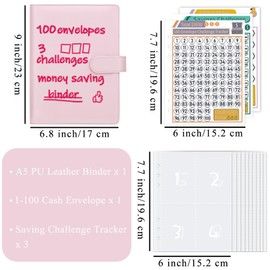 HAUTOCO 100 Envelope Challenge Binder to Save 5,050, Savings Binder, Budget Binder Money Saving Wallet, Money Organiser for 100 Envelopes Saving Challenge, Budget Planner, School, Home, Office, Pink