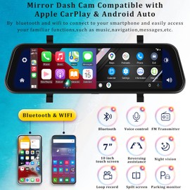 Rear View Mirror Camera with Carplay&Android Auto,9.66" 1080P Mirror Dash Cam Front and Rear with Voice Control,Night Vision,Parking Monitoring,Reverse Assist Free 64GB Card for Cars&Trucks