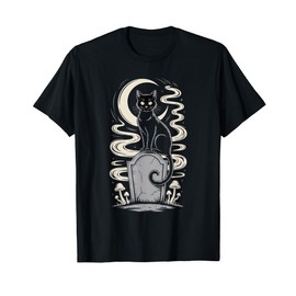 Black Gothic Cat Moon Tombstone Gravestone Dark Academia T-Shirt
