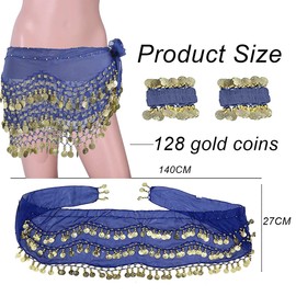 Belly Dance Hip Scarf with Bracelet, 128 Coins Belly Dance Skirt Wrap Belt with Wrist Ankle Bracelets, Dance Skirt Belt Waist Chain for Belly Dance, Zumba or Yoga Class, Performance Costume