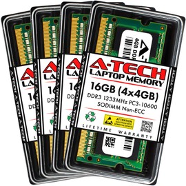 A-Tech RAM 16GB Kit (4x4GB) DDR3 1333 MHz PC3-10600 SODIMM - Laptop & All-in-One Computer Memory - CL9 204-Pin SO-DIMM Non-ECC Unbuffered Upgrade Modules