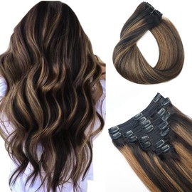 Pobokix Balayage Clip in Hair Extensions Real Human Hair Straight Remy Human Hair Clip ins for Women, Natural Soft Human Hair, 8Pcs 120g, 20inch #1B/6/1B Balayage Natural Black to Chestnut Brown