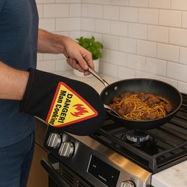 Creative Home Heat-Resistant Neoprene Oven Mitt – “Danger! Man Cooking” Print – Commercial Grade Pot Holder Glove for BBQ, Baking & Kitchen Use, 13.13" x 7.88"