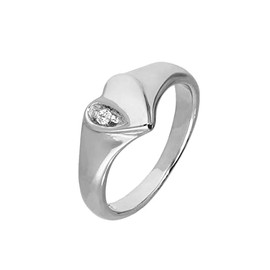 Sterling Silver & Clear CZ Crystal Engraved Heart Childs Signet Ring Size F