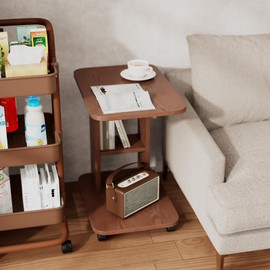 YQJJGL 3-Tier C-Shaped End Table with Storage and 2 Locking Wheels, Walnut