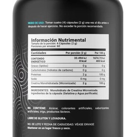 Creatina Monohidratada Micronizada. 240 Cápsulas. 120 Gramos. Alta Pureza Sin Sabor. Ingredientes naturales. Creatine Monohydrate B Life.