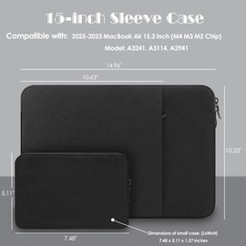 ProElife 15-Inch Laptop Sleeve Case for 2025 2024 MacBook Air 15 inch M4 M3 Chip A3241 A3114 Accessory Traveling Carrying Bag with Small Bag Water-resistant Cover Case (Black)