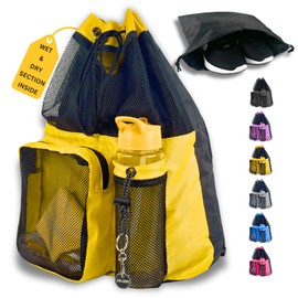 JIMJOOS Drawstring Mesh Swimming Bag - 25L Waterproof Swim Bag with Wet/Dry Compartment, Multifunctional Sports Backpack for Kids, Adults, Swimming, Surfing, Beach, Gym (Yellow)