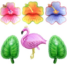 7Pcs Tropical Party Balloons Set, Hibiscus Flower Flamingo Palm Leaf Foil Balloons for Hawaiian Aloha Luau Party, Summer Beach Pool Decor, Island Princess Ocean Birthday Party,Globos de hibisco