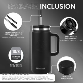 FAHRMOSIS 64 Oz Tumbler with Handle and Straw Half Gallon Water Bottle Stainless Steel Travel Mug for Hot & Cold Drinks, Reusable Water Bottle with Lids and Straw - Black