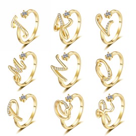 Initial Letter Ring for Women Girls Gold Plated Stackable Alphabet Rings Adjustable Open Cubic Zirconia Inlaid Rings Thumb Finger Comfort Fit Bridesmaid Gift Jewelry for Girlfriend Mom (M)