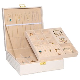 Jewelry Box for women, 2-Layer Jewelry Holder Organizer, 10 x 10 x 3.5 Inches, Portable, Versatile Earring Storage for Larger Accessories, Mothers Day Gifts，White