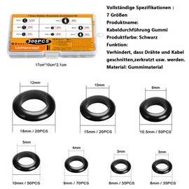 Pack of 300 Rubber Grommets Cable Grommet Rubber, Body Blanking Plugs, Flexible Rubber Plugs with Hole, Cable Grommets Rubber, Black Body Plugs, Rubber Grommets for Wire Cable Protection, 7 Sizes