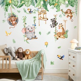 Jungle Animals Swing Wall Decals - Safari Nursery Decor Baby Monkey Elephant Giraffe Cub Tropical Leaves Wall Stickers for Kids Toddlers Baby Nursery Room Decor
