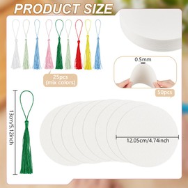 BENECREAT 50 Packs Artist's Tiles, 12cm Round Zentangle Paper Tiles, Blank Cards with 25 Tassels, Paper Sheets for Sketch Book Notebook, Index Flash Notes Making Supplies