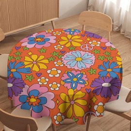 ShiTingYu 70's 60's Retro Tablecloth Round, Boho Floral Vintage Hand Drawn Colorful Table Cloth Stain Resistance Polyester for Kitchen Party Picnic Orange Yellow Tablecloth, 36x36 Round