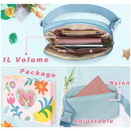 COSHAYSOO Easter Birthday Initial Gifts for Teen Girls 5 6 7 8 9 10 11 12 13 14 Year Old Blue Fanny Pack for Girls Belt Bag Crossbody Travel Purse Unique Trendy Fashion Stuff Chenille Letter M