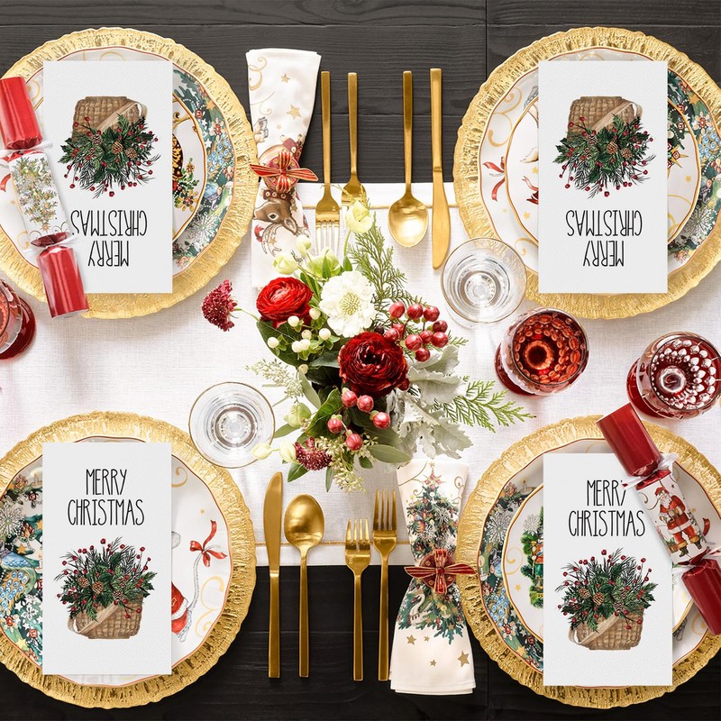Horaldaily 100 Christmas Disposable Paper Decorative Guest Napkins, Holly Berry